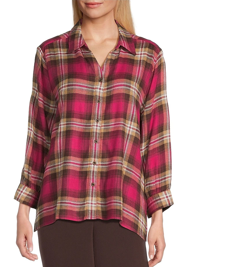 Allison Daley Petite Espresso Vivacious Plaid Print 3/4 Sleeve Point Collar Button Front Shirt