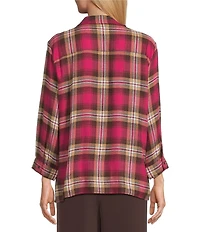 Allison Daley Petite Espresso Vivacious Plaid Print 3/4 Sleeve Point Collar Button Front Shirt