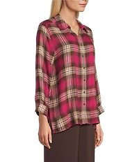 Allison Daley Petite Espresso Vivacious Plaid Print 3/4 Sleeve Point Collar Button Front Shirt