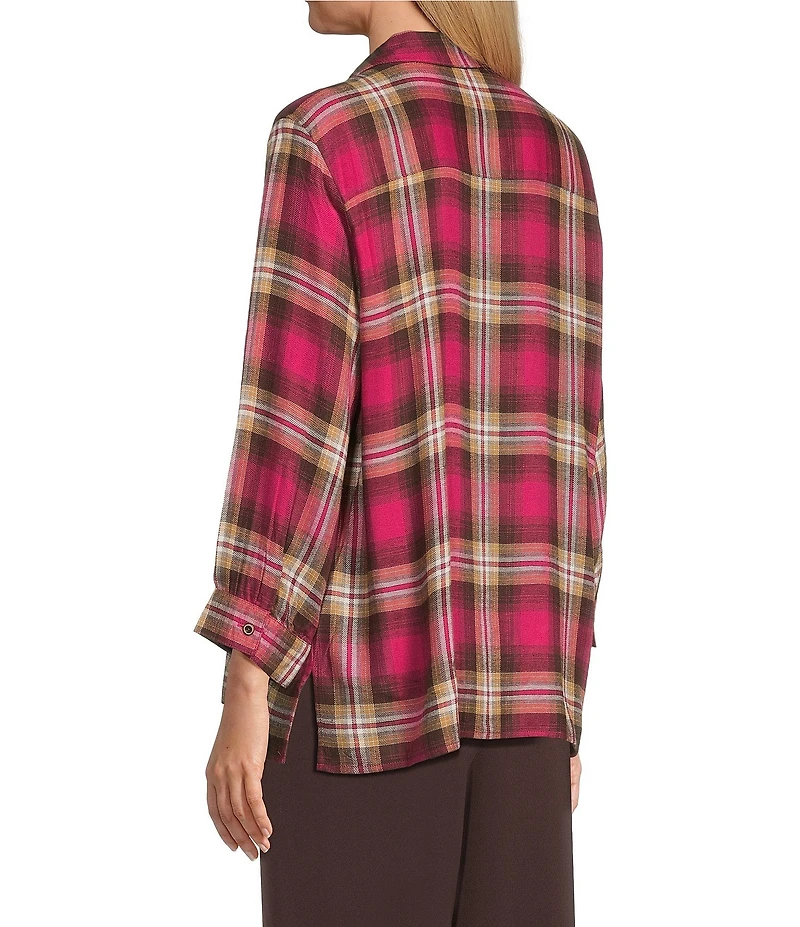 Allison Daley Petite Espresso Vivacious Plaid Print 3/4 Sleeve Point Collar Button Front Shirt