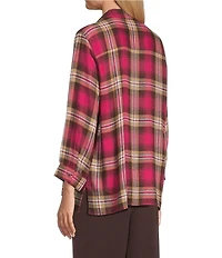 Allison Daley Petite Espresso Vivacious Plaid Print 3/4 Sleeve Point Collar Button Front Shirt