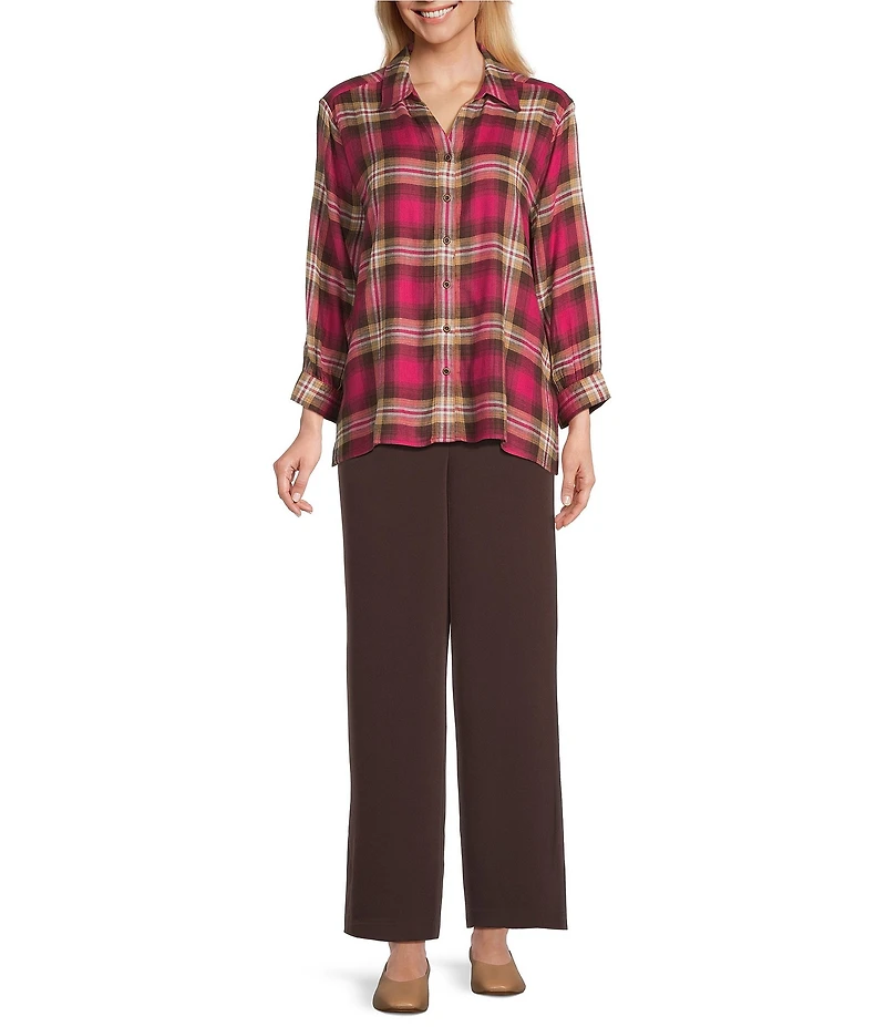 Allison Daley Petite Espresso Vivacious Plaid Print 3/4 Sleeve Point Collar Button Front Shirt
