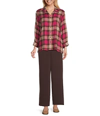 Allison Daley Petite Espresso Vivacious Plaid Print 3/4 Sleeve Point Collar Button Front Shirt
