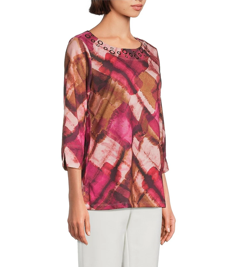 Allison Daley Petite Geo Waves Print 3/4 Sleeve Crew Neck Knit Top