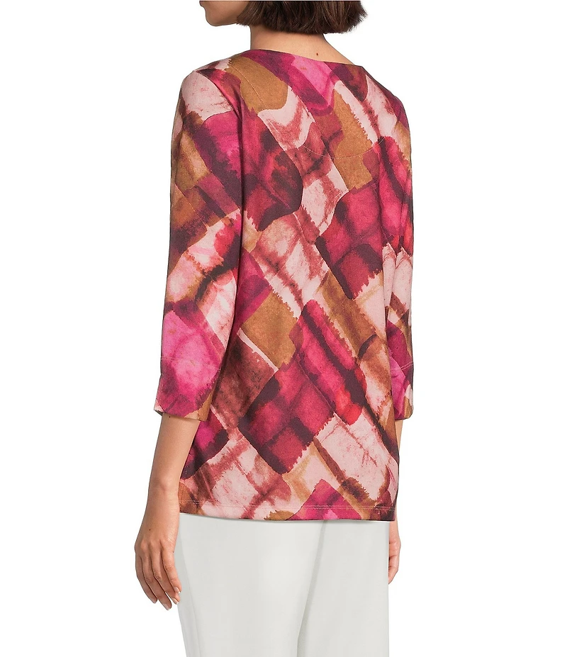 Allison Daley Petite Geo Waves Print 3/4 Sleeve Crew Neck Knit Top