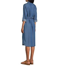 Allison Daley Petite Light Indigo Wash Long Roll-Tab Sleeve Point Collar Neck Lyocell Denim Midi Shirt Dress
