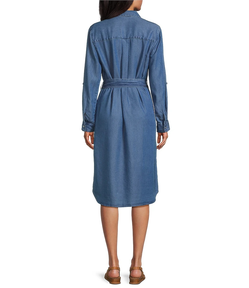 Allison Daley Petite Light Indigo Wash Long Roll-Tab Sleeve Point Collar Neck Lyocell Denim Midi Shirt Dress