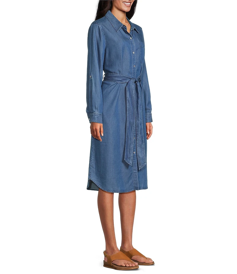 Allison Daley Petite Light Indigo Wash Long Roll-Tab Sleeve Point Collar Neck Lyocell Denim Midi Shirt Dress