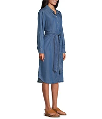 Allison Daley Petite Light Indigo Wash Long Roll-Tab Sleeve Point Collar Neck Lyocell Denim Midi Shirt Dress