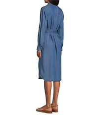 Allison Daley Petite Light Indigo Wash Long Roll-Tab Sleeve Point Collar Neck Lyocell Denim Midi Shirt Dress