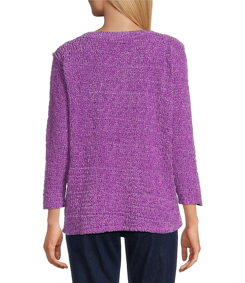 Allison Daley Petite Metallic Chenille 3/4 Sleeve O-Ring Keyhole Knit Top