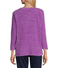 Allison Daley Petite Metallic Chenille 3/4 Sleeve O-Ring Keyhole Knit Top