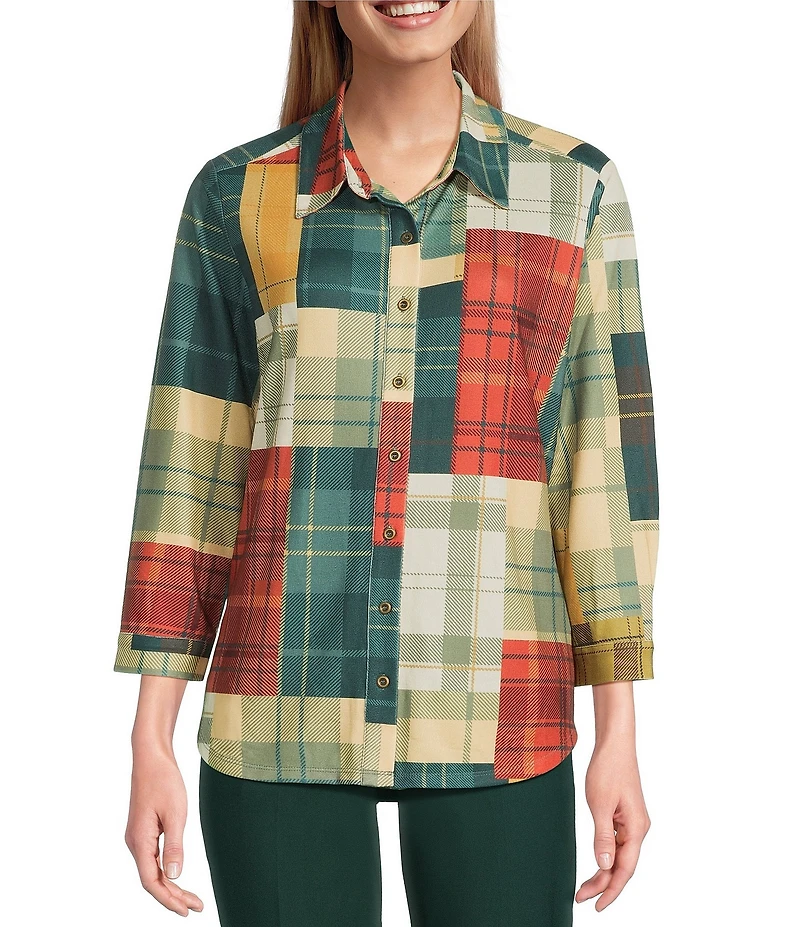 Allison Daley Petite Mix & Match Plaid Print 3/4 Sleeve Point Collar Button Front Shirt