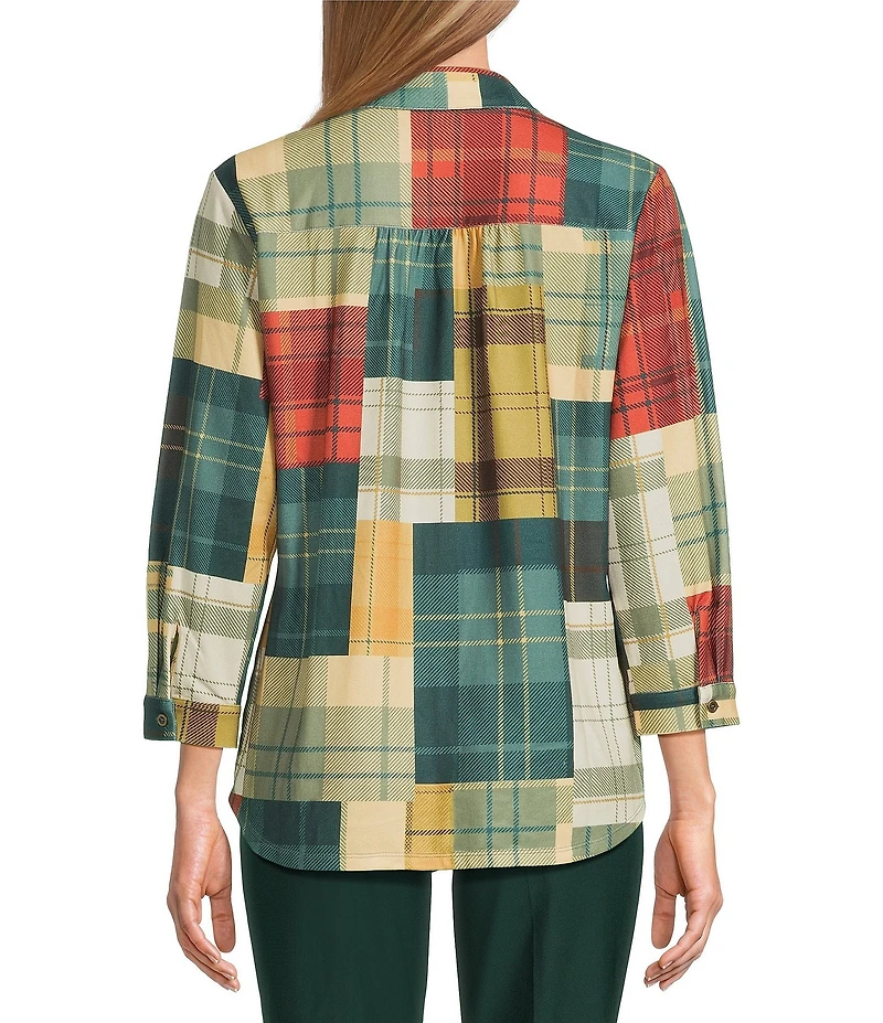 Allison Daley Petite Mix & Match Plaid Print 3/4 Sleeve Point Collar Button Front Shirt
