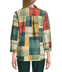 Allison Daley Petite Mix & Match Plaid Print 3/4 Sleeve Point Collar Button Front Shirt