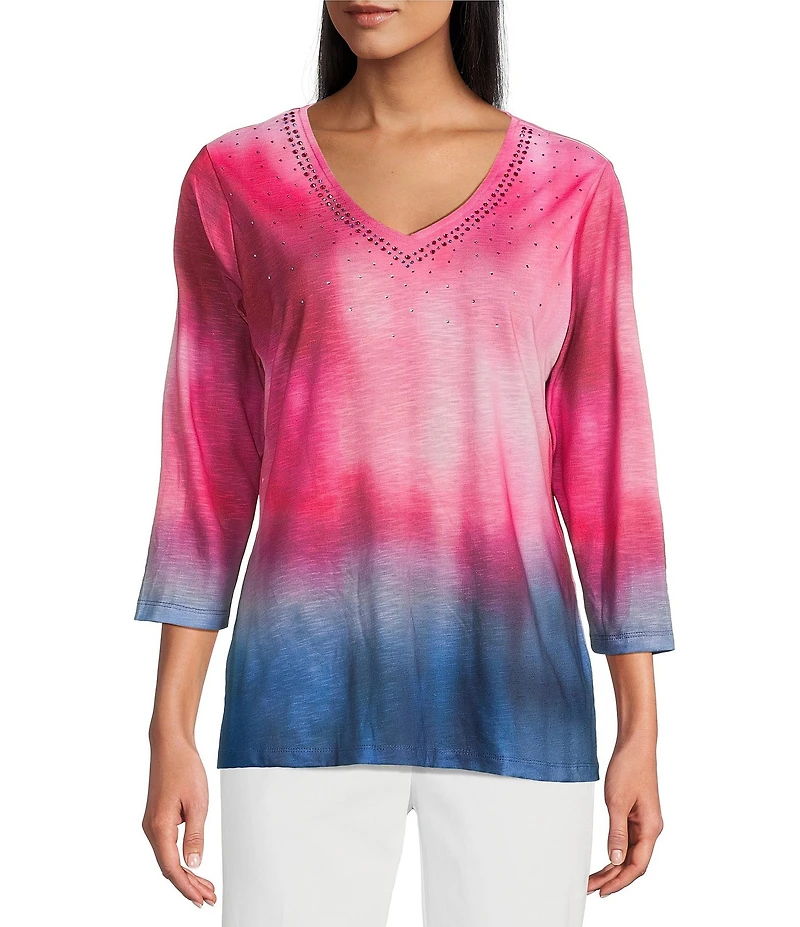 Allison Daley Petite Ombre Beauty Print 3/4 Sleeve V-Neck Slub Jersey Knit Top