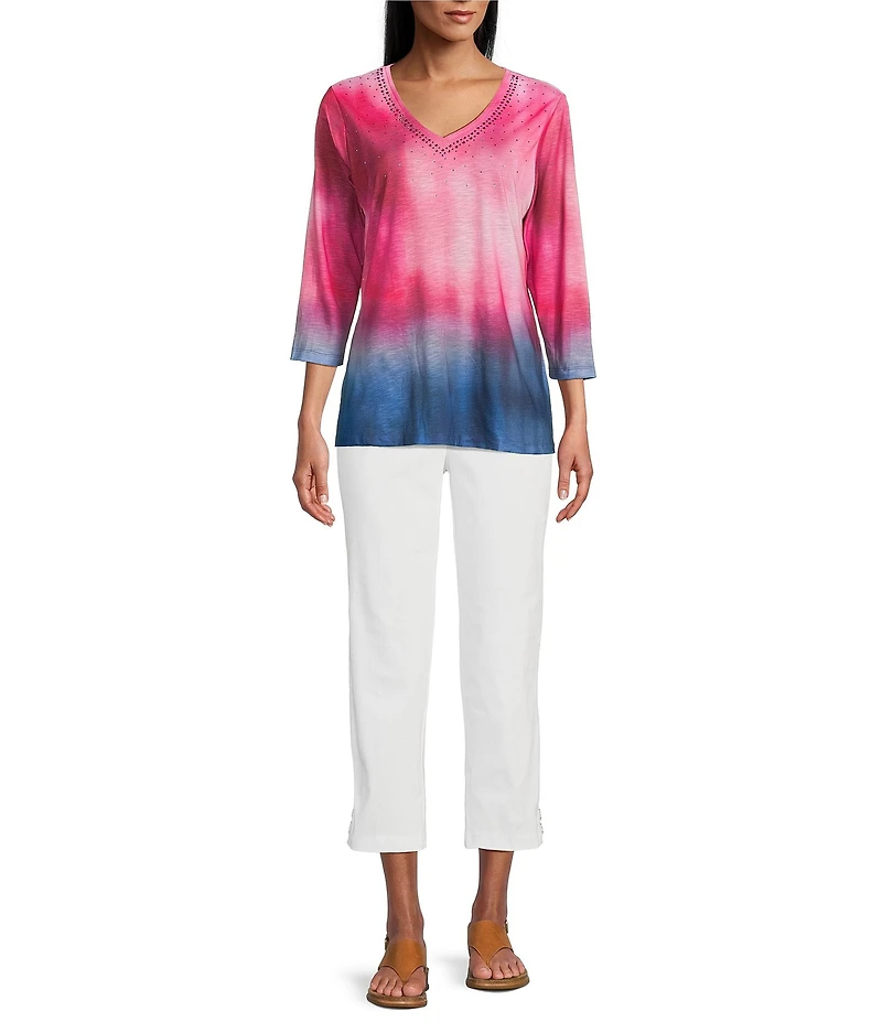 Allison Daley Petite Ombre Beauty Print 3/4 Sleeve V-Neck Slub Jersey Knit Top