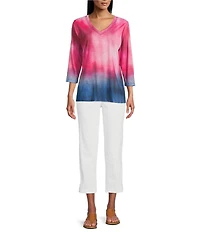 Allison Daley Petite Ombre Beauty Print 3/4 Sleeve V-Neck Slub Jersey Knit Top