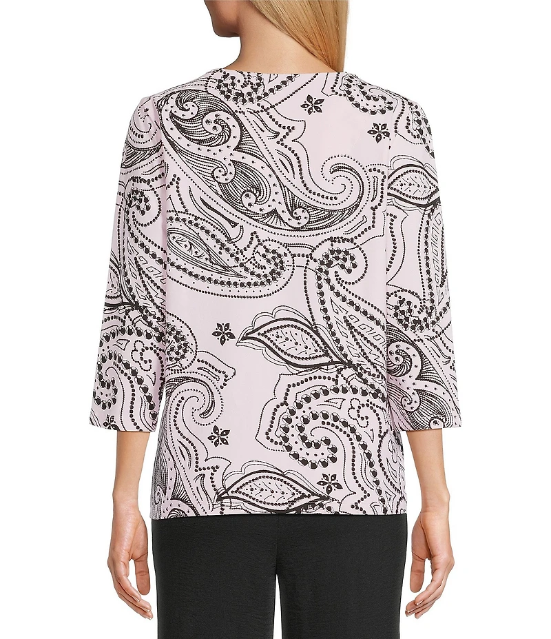 Allison Daley Petite Paisley Flourish Keyhole Neck 3/4 Sleeve Knit Top