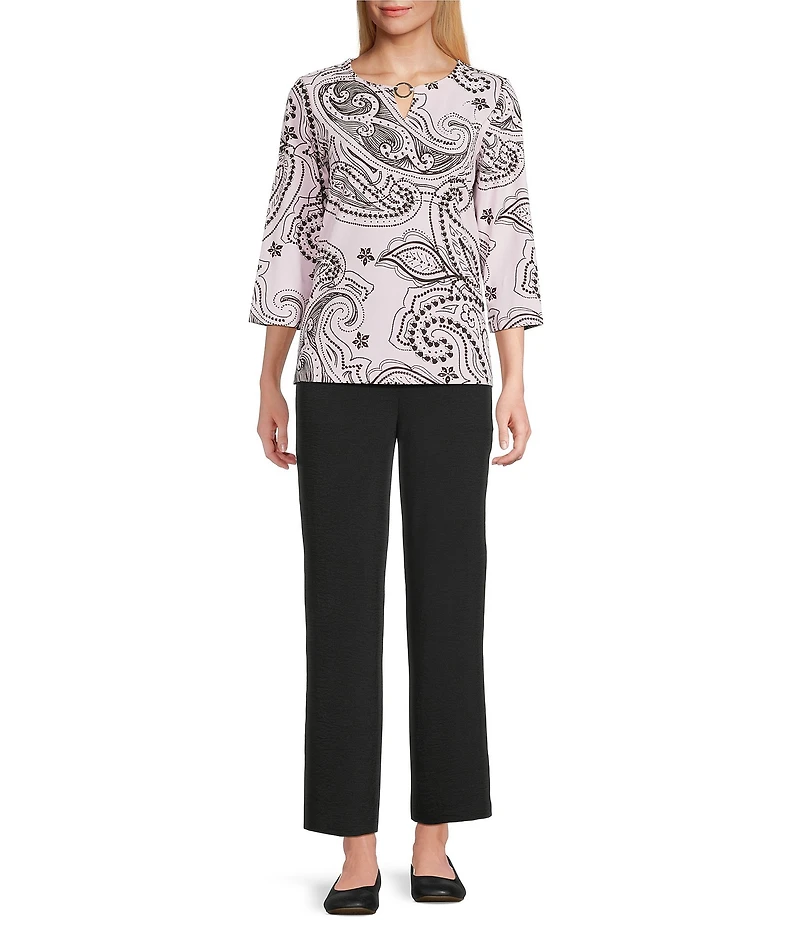 Allison Daley Petite Paisley Flourish Keyhole Neck 3/4 Sleeve Knit Top
