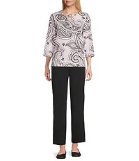 Allison Daley Petite Paisley Flourish Keyhole Neck 3/4 Sleeve Knit Top