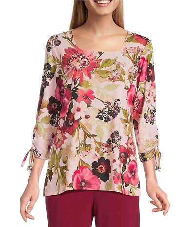 Allison Daley Petite Pansy Garden Print 3/4 Ruched Tie Sleeve Square Neck Knit Top