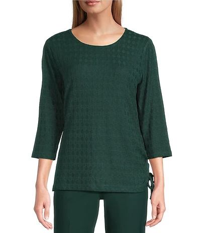 Allison Daley Petite Pine Grove Jacquard 3/4 Sleeve Crew Neck Tie Hem Knit Top