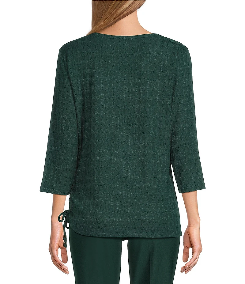 Allison Daley Petite Pine Grove Jacquard 3/4 Sleeve Crew Neck Tie Hem Knit Top