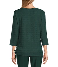 Allison Daley Petite Pine Grove Jacquard 3/4 Sleeve Crew Neck Tie Hem Knit Top