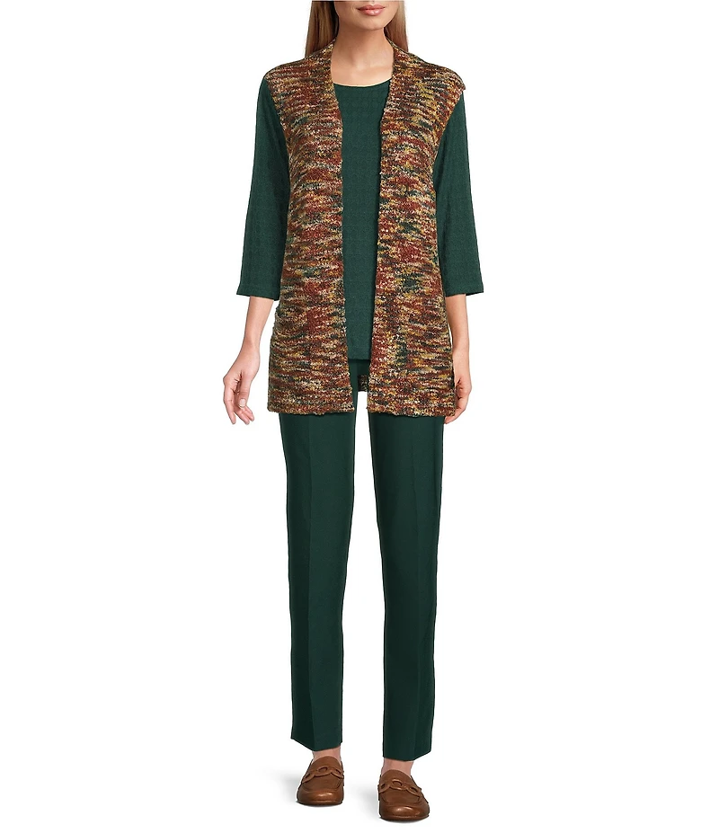 Allison Daley Petite Pine Grove Jacquard 3/4 Sleeve Crew Neck Tie Hem Knit Top