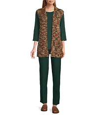 Allison Daley Petite Pine Grove Jacquard 3/4 Sleeve Crew Neck Tie Hem Knit Top