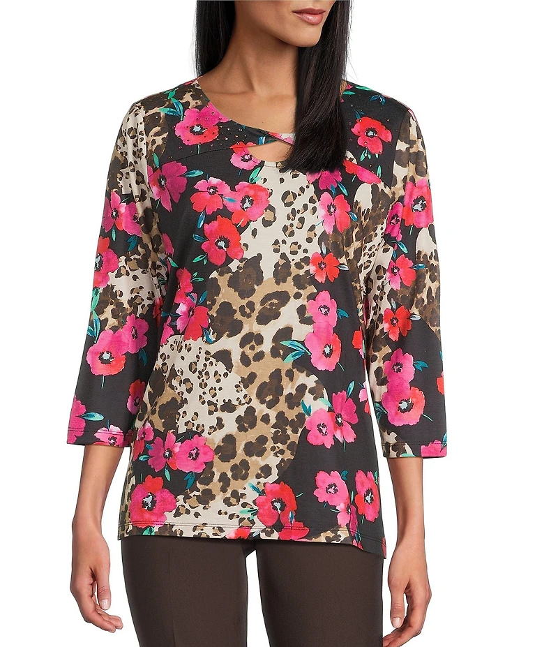 Allison Daley Petite Safari Floral Print 3/4 Sleeve Keyhole Neck Knit Top