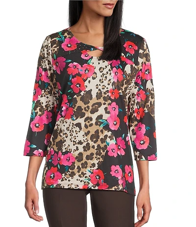 Allison Daley Petite Safari Floral Print 3/4 Sleeve Keyhole Neck Knit Top