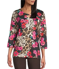 Allison Daley Petite Safari Floral Print 3/4 Sleeve Keyhole Neck Knit Top