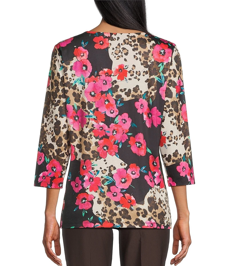 Allison Daley Petite Safari Floral Print 3/4 Sleeve Keyhole Neck Knit Top