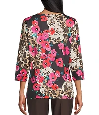 Allison Daley Petite Safari Floral Print 3/4 Sleeve Keyhole Neck Knit Top
