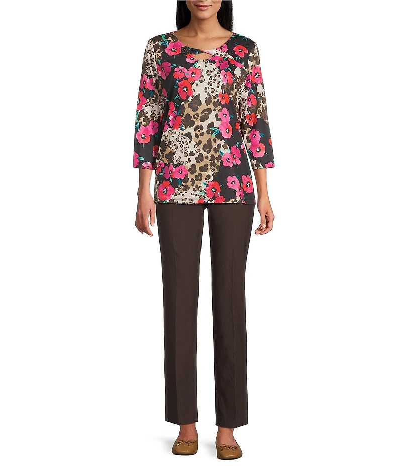 Allison Daley Petite Safari Floral Print 3/4 Sleeve Keyhole Neck Knit Top