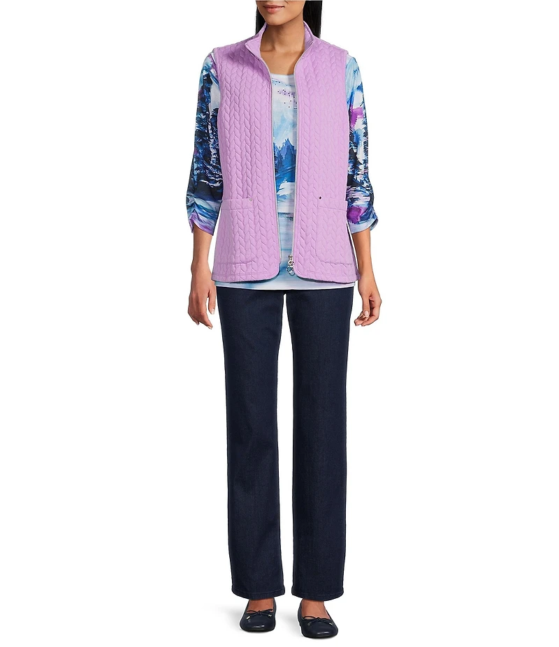 Allison Daley Petite Sheer Lilac Sleeveless Two Way Zip Up Knit Quilted Vest