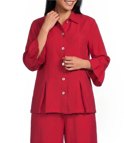 Allison Daley Petite Size Coordinating 3/4 Flounce Sleeve Button Front Point Collar Top