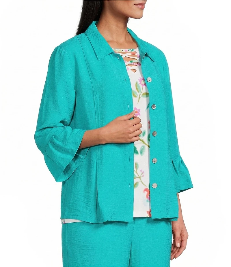 Allison Daley Petite Size 3/4 Flounce Sleeve Button Front Point Collar Top