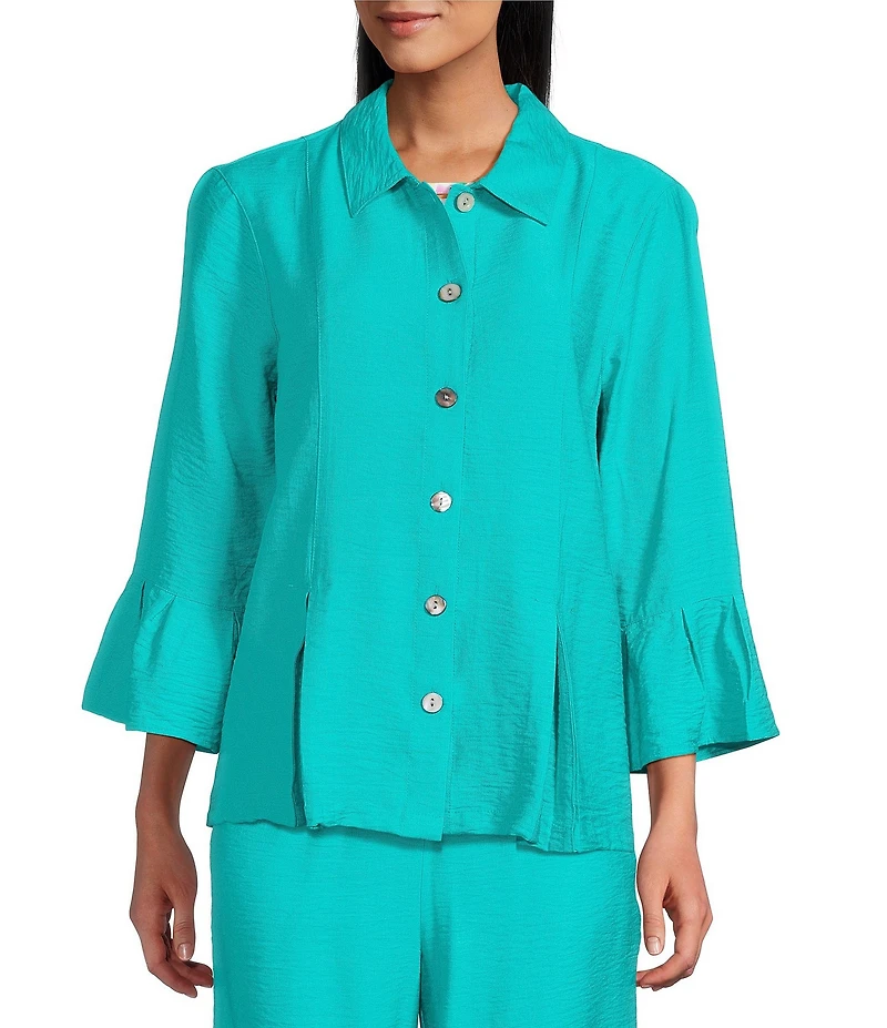 Allison Daley Petite Size 3/4 Flounce Sleeve Button Front Point Collar Top