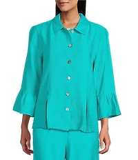 Allison Daley Petite Size 3/4 Flounce Sleeve Button Front Point Collar Top