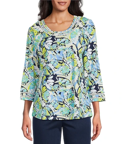 Allison Daley Petite Size 3/4 Sleeve Crew Neck Lace Detail Knit Top