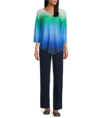 Allison Daley Petite Size Ombre 3/4 Sleeve Keyhole Neck Asymmetric Hem Knit Top