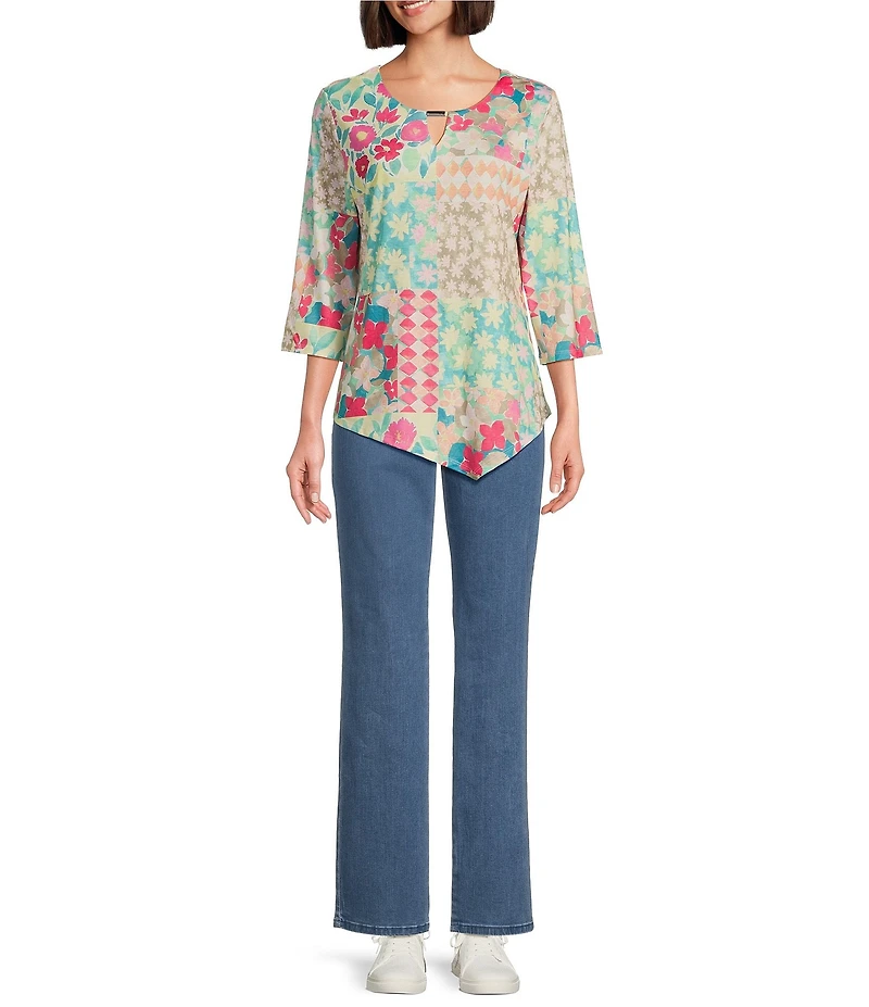 Allison Daley Petite Size Floral 3/4 Sleeve Keyhole Neck Asymmetric Hem Knit Top