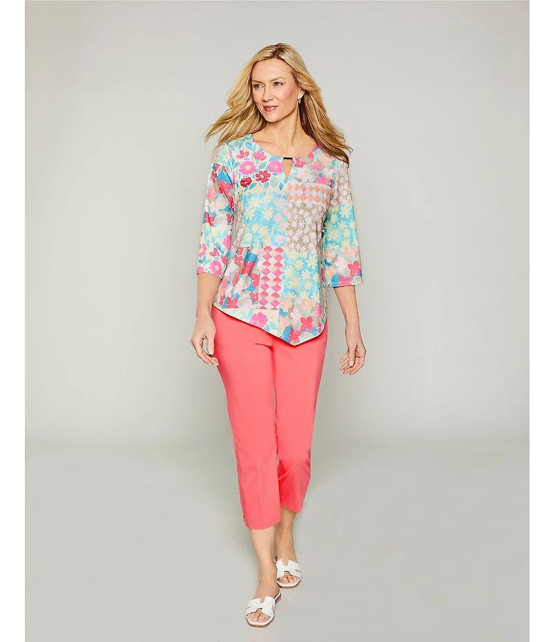Allison Daley Petite Size Floral 3/4 Sleeve Keyhole Neck Asymmetric Hem Knit Top