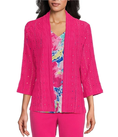 Allison Daley Petite Size 3/4 Sleeve Open-Front Eyelet Knit Cardigan