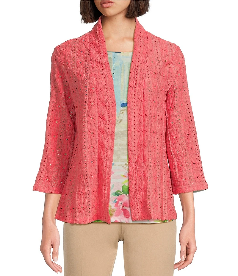 Allison Daley Petite Size 3/4 Sleeve Open-Front Eyelet Knit Cardigan