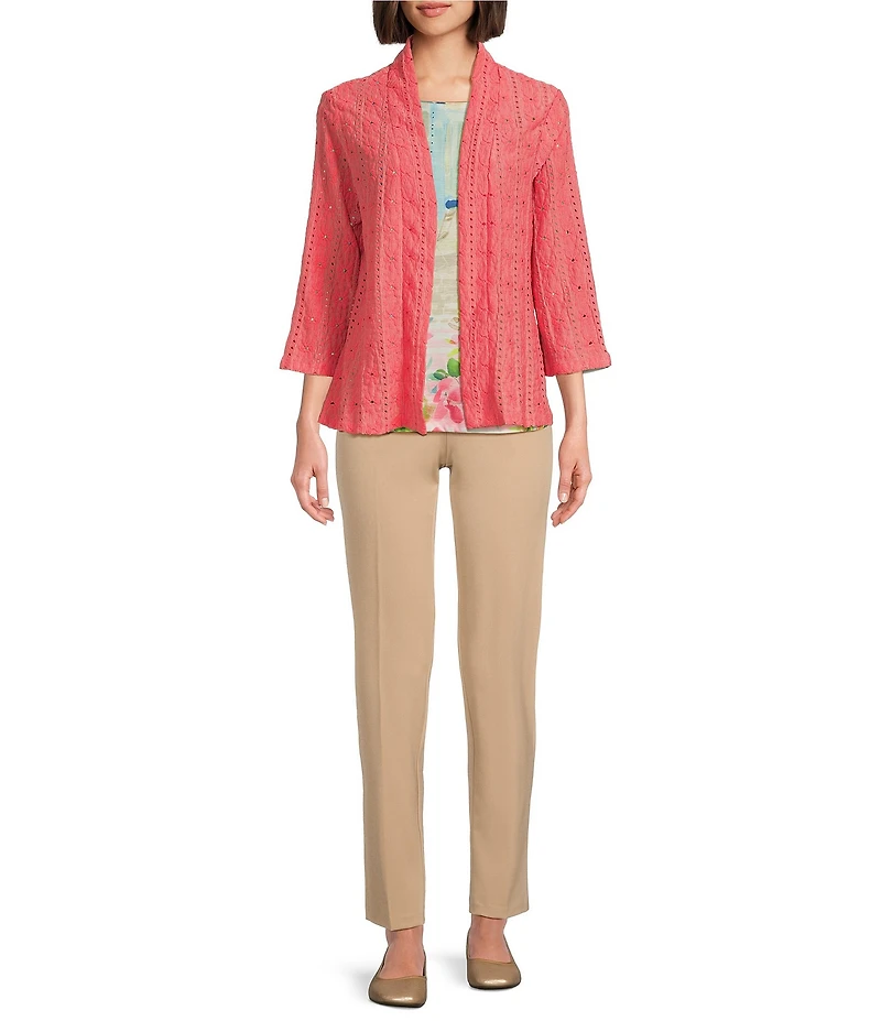 Allison Daley Petite Size 3/4 Sleeve Open-Front Eyelet Knit Cardigan