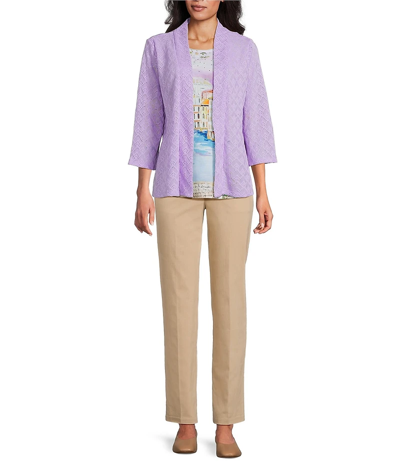 Allison Daley Petite Size 3/4 Sleeve Open Front Pointelle Cardigan